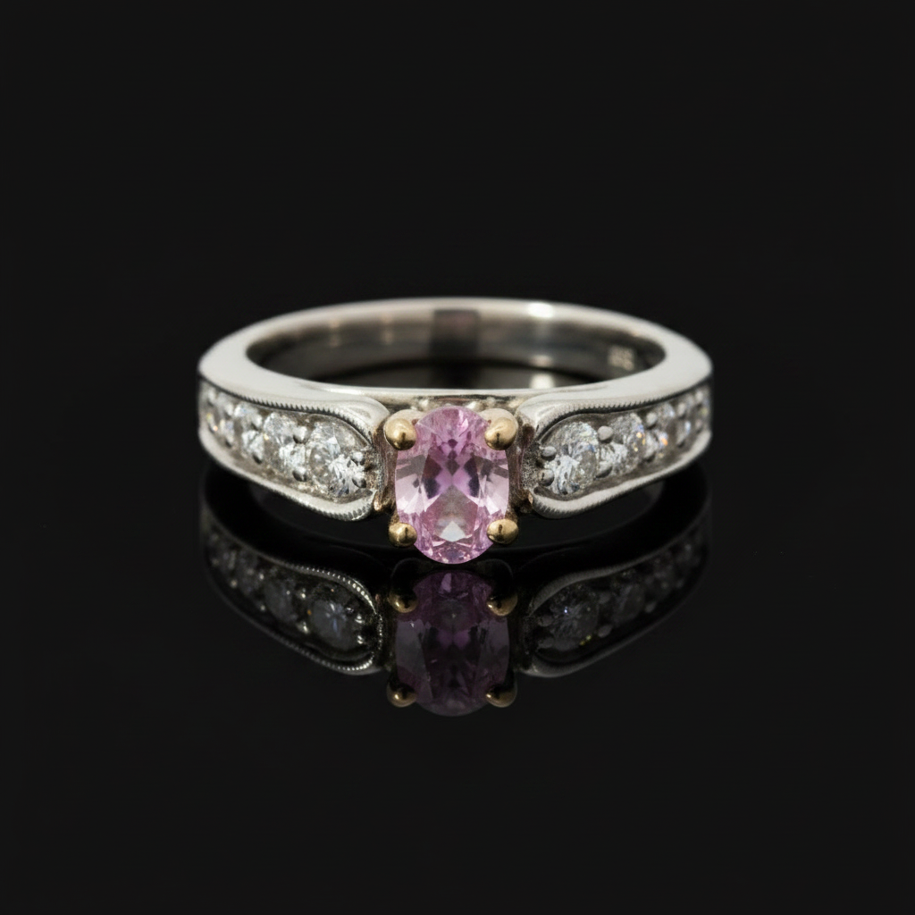 Estate jewelry — 14K White Gold Pink Tourmaline and Diamond Ring, Diamonds 0.75 ctw H-I color VS2-SI1