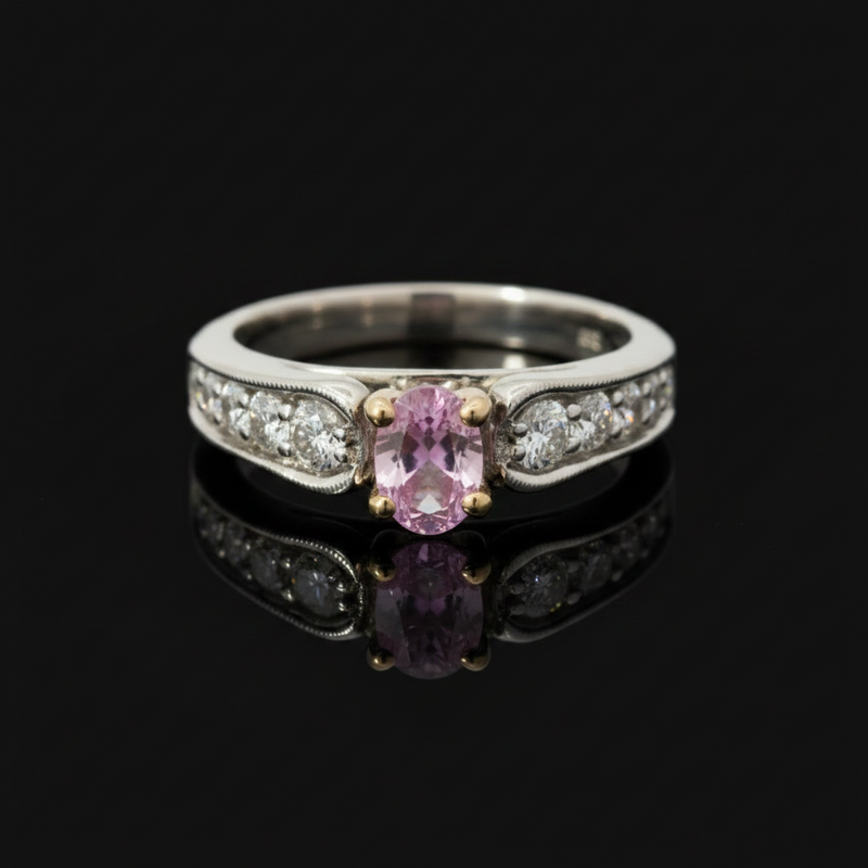 Estate jewelry — 14K White Gold Pink Tourmaline and Diamond Ring, Diamonds 0.75 ctw H-I color VS2-SI1