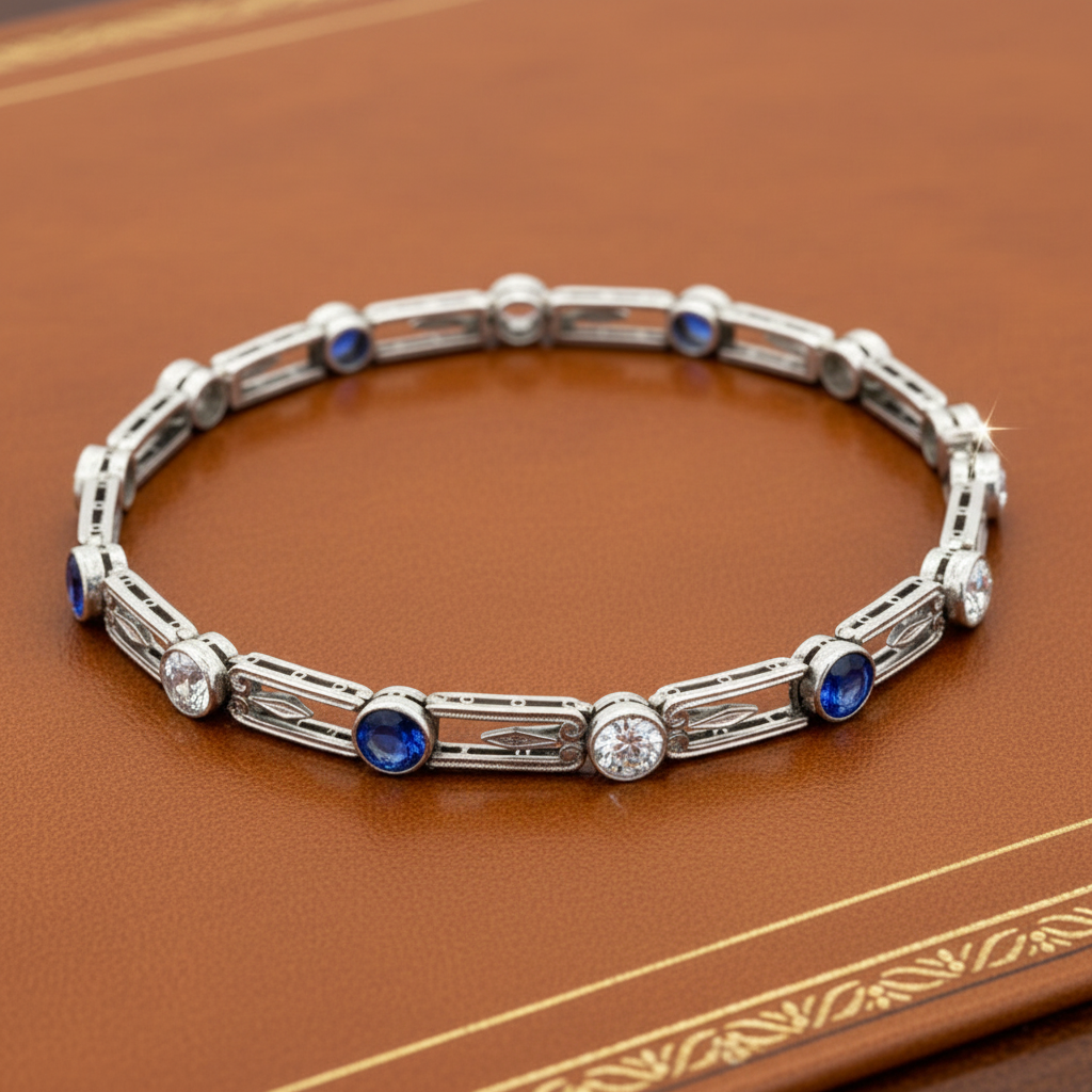 Estate jewelry — Estate Art Deco 2.65 ctw Old European Cut Diamond 2.00 ctw Sapphire Platinum Bracelet, Sapphire Round 2.00 ct