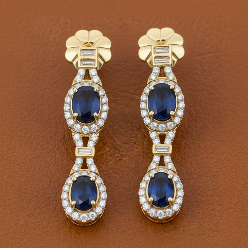 Estate jewelry — Beverly K Sapphire, Diamond and 14K Yellow Gold Dangle Earrings, Diamonds 2.37 ctw VS2