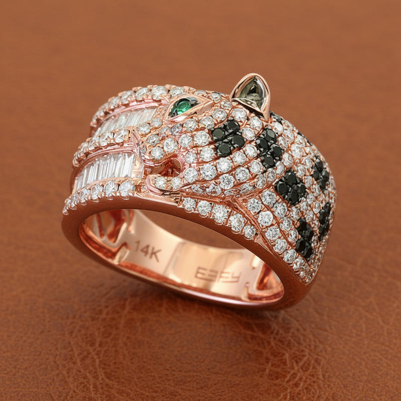 Estate jewelry — Black and White Diamond 14K Rose Gold Panther Ring, Diamonds 1.54 ctw