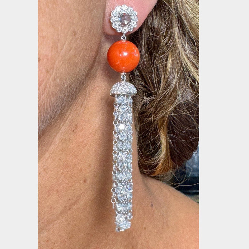 Estate jewelry — Estate Italian Designer Busatti Diamond and Coral Dangle Earrings, diamond and coral dangle earrings in 18K white gold