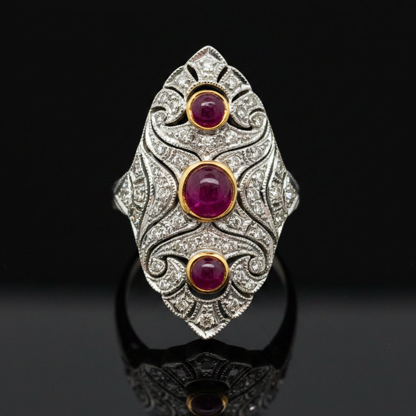 Estate jewelry — Cabochon Rubies, in Two-Tone Gold, Ruby, cabochon cut, 0.70 cttw, VS2-SI1 clarity