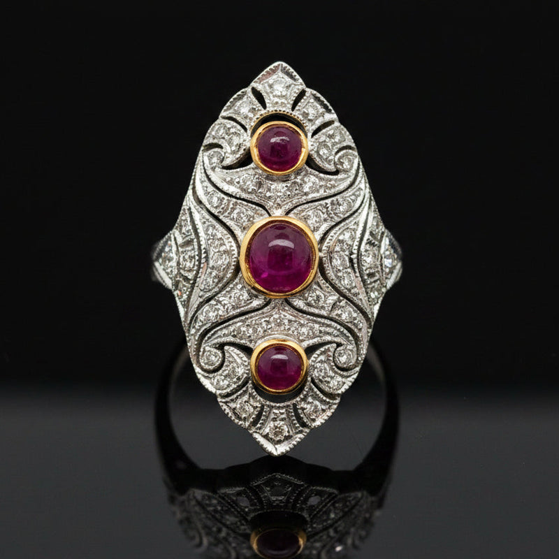 Estate jewelry — Cabochon Rubies, in Two-Tone Gold, Ruby, cabochon cut, 0.70 cttw, VS2-SI1 clarity