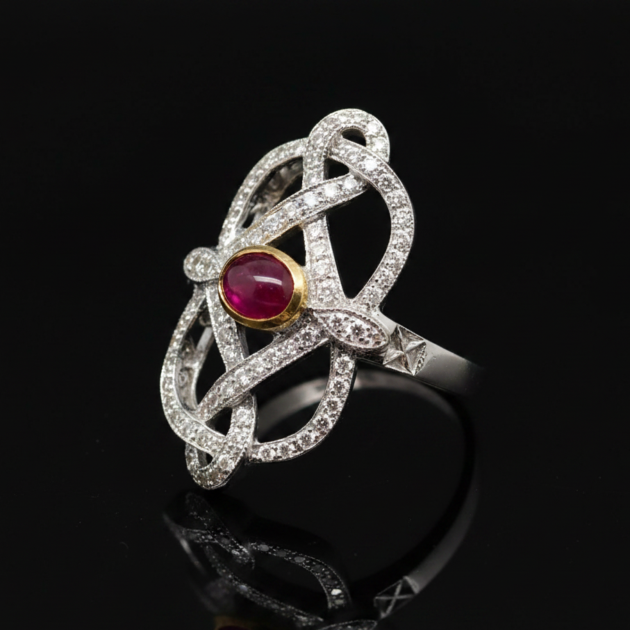 Estate jewelry — A Cabochon Ruby, in Ribbon-Like White Gold, Ruby, cabochon cut, 0.30 cttw, SI1-SI2 clarity