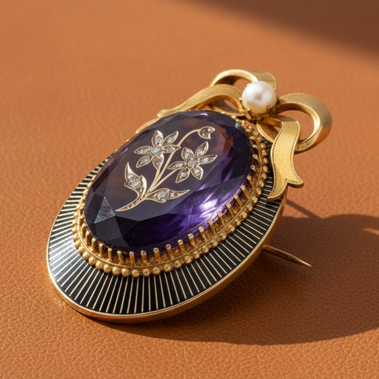 Estate jewelry — Circa 1890's Amethyst, Pearl, Diamond and 18K Yellow Gold Pendant/Brooch, Diamonds 0.35 ctw VS2–I1