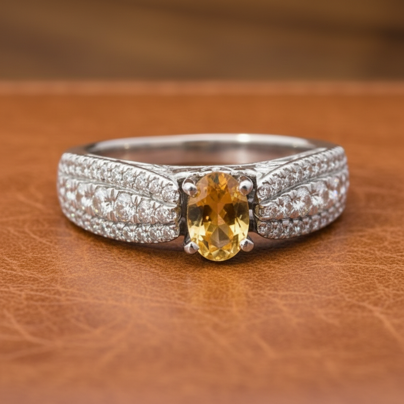 Estate jewelry — Citrine and Diamond 14K White Gold Ring, Diamonds 0.63 ctw G-H color SI1-SI2