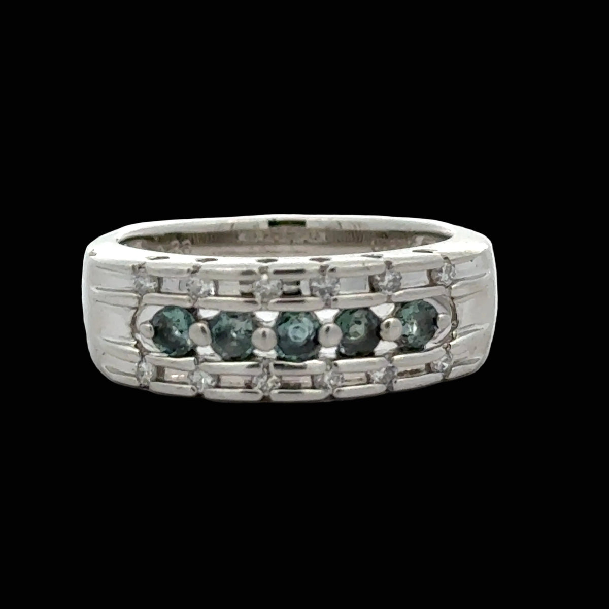 Estate jewelry — Estate Color Change Alexandrite and Diamond Platinum Ring, color-change alexandrite in a platinum diamond band