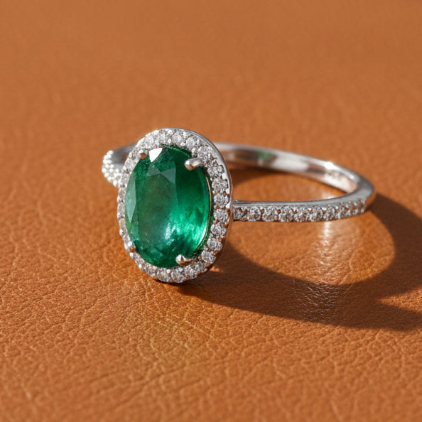Estate jewelry — Effy 1.52 ct Emerald, Diamond and 14K White Gold Halo Ring, Diamonds 0.25 ctw H-I color SI2-I1