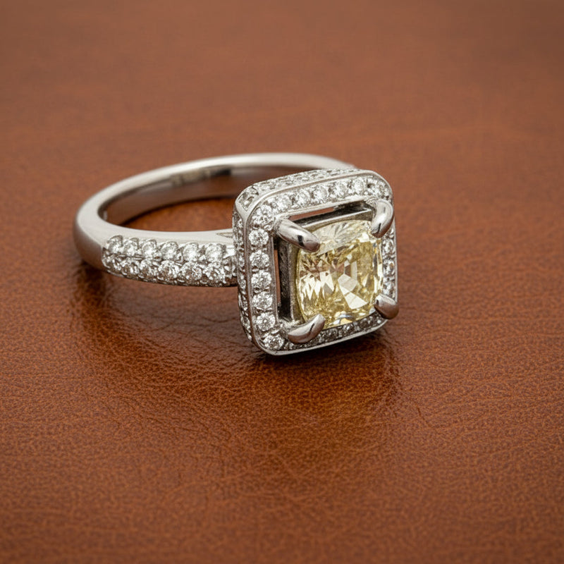 Estate jewelry — Estate 1.06 ct Natural Fancy Brownish Greenish Yellow (GIA) Diamond 18K White Gold Ring, 18K White Gold 7.22 g