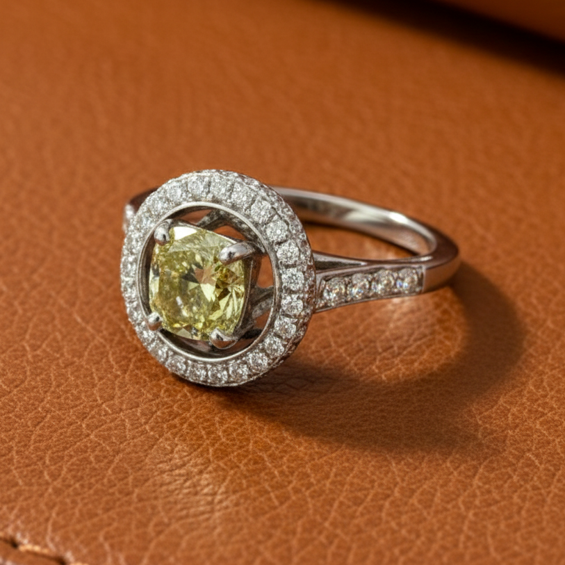 Estate jewelry — Estate 1.31 ct Natural Fancy Brownish Greenish Yellow (GIA) Diamond 14K White Gold Ring, 14K White Gold 4.90 g