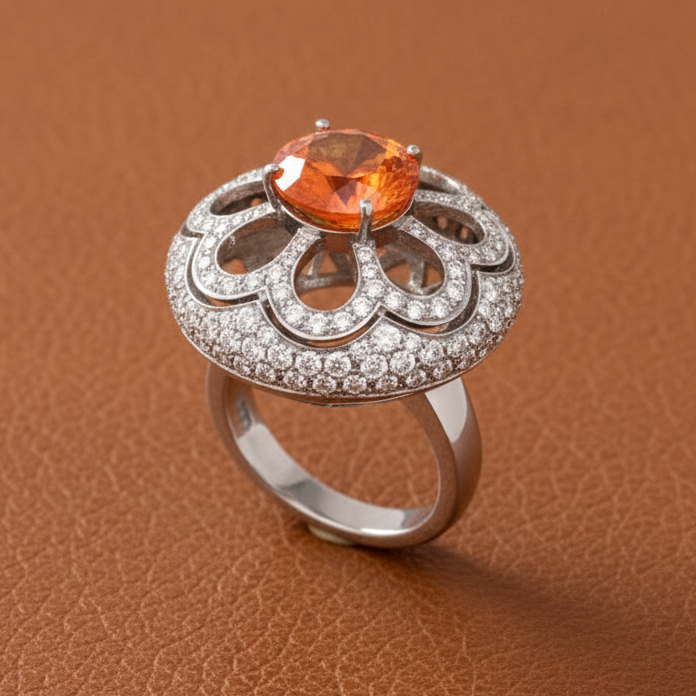 Estate jewelry — Zydo 5.10 ct Orange Sapphire and Diamond 18K White Gold Cocktail Ring, Diamonds 2.45 ctw