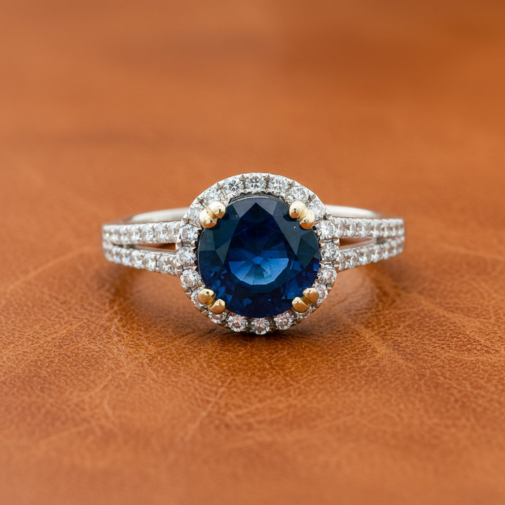 Estate jewelry — Designer Venetti 1.73 ct Sapphire and Diamond Halo Ring, Sapphire Round 1.73 ct