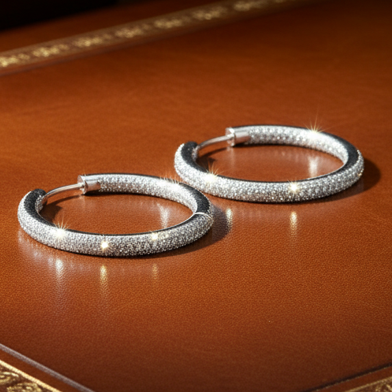 Estate jewelry — Designer Arato Of Italy Diamond In/Out Hoop 18K White Gold Earrings, 18K White Gold 10.72 g