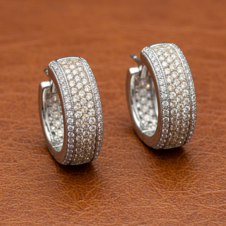 Estate jewelry — Diamond 14K White and Yellow Gold Huggie Earrings, Diamonds 1.30 ctw