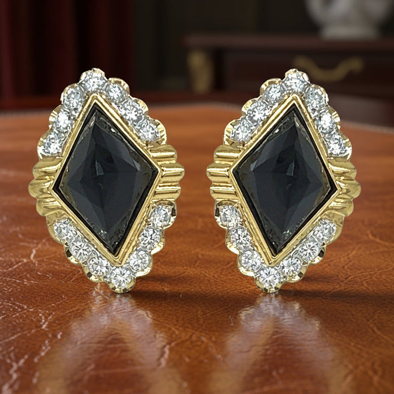 Estate jewelry — Diamond and Onyx Faceted 18K yellow Gold Earrings, Diamonds 2.50 ctw G-H color VS2-SI1