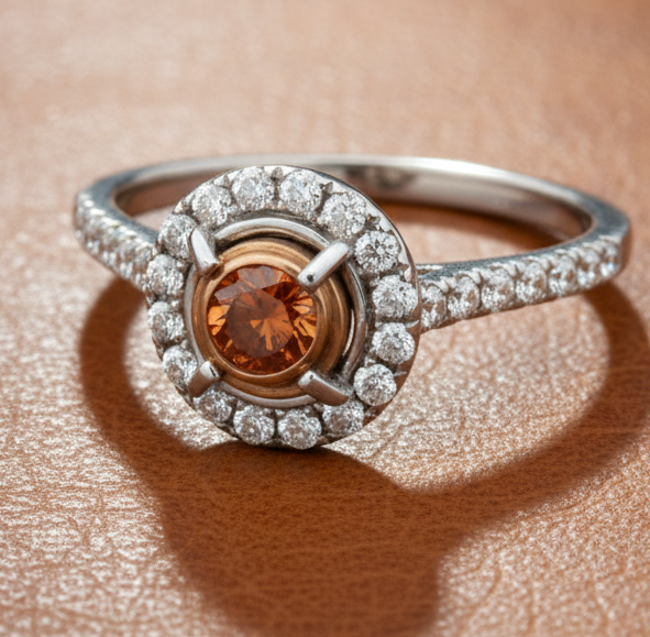 Estate jewelry — Maya Lianna .61 ctw Diamond Ring Natural Fancy Orange Center, Diamonds 0.34 ctw G-H color VS2-SI1