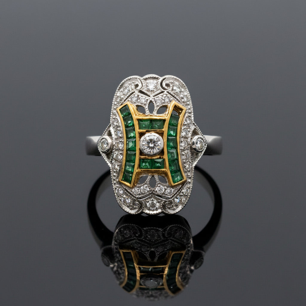Estate jewelry — An Emerald & Diamond Contrast, in Two-Tone Gold, Emerald, pear/square cut, 0.40 cttw