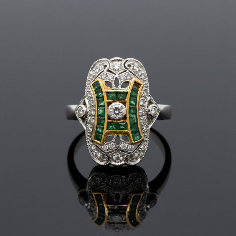 Estate jewelry — An Emerald & Diamond Contrast, in Two-Tone Gold, Emerald, pear/square cut, 0.40 cttw