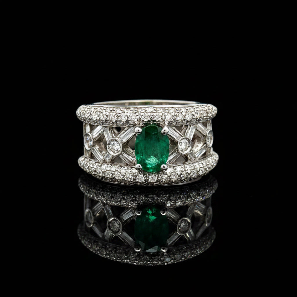 Estate jewelry — An Emerald, in Sculptural White Gold, Emerald, oval cut, 0.92 ct