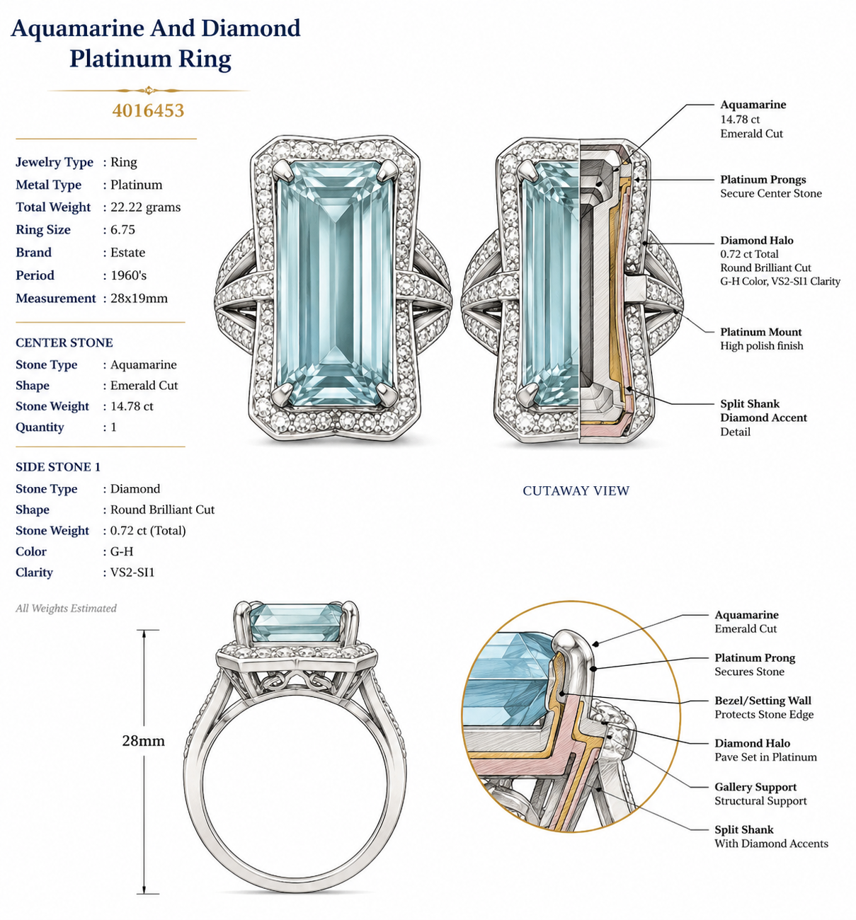 Estate jewelry — Estate Aquamarine and Diamond Platinum Ring
