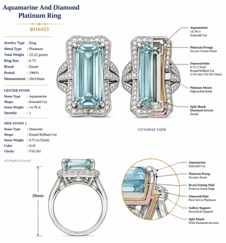 Estate jewelry — Estate Aquamarine and Diamond Platinum Ring