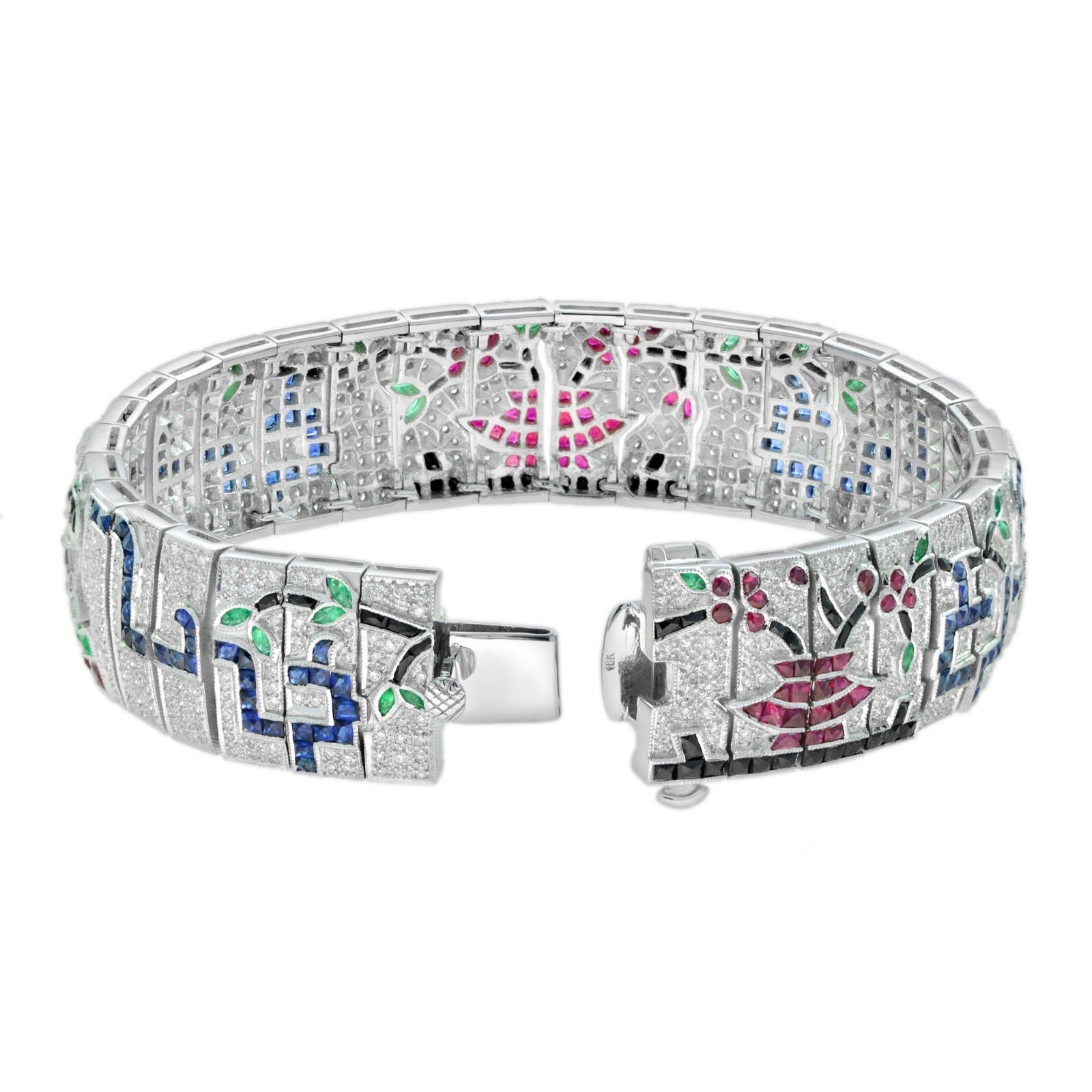 Estate jewelry — Estate Custom Made Diamond Ruby Emerald Onyx Sapphire 18K White Gold Bracelet