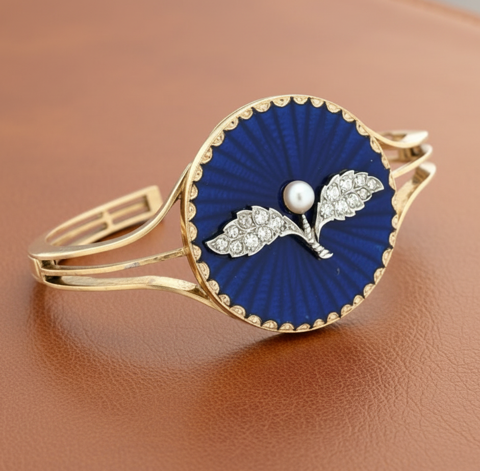 Estate jewelry — Estate Victorian Diamond, Natural Pearl, Blue Enamel Victorian 14K Gold Bangle, Diamonds 0.40 ctw H-I color SI1-SI2