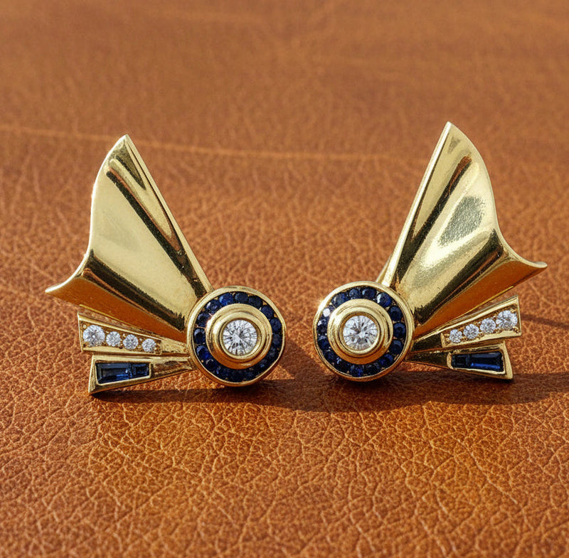 Estate jewelry — French Designer Retro Diamond and Sapphire Earrings, 18K Yellow Gold 22.00 g