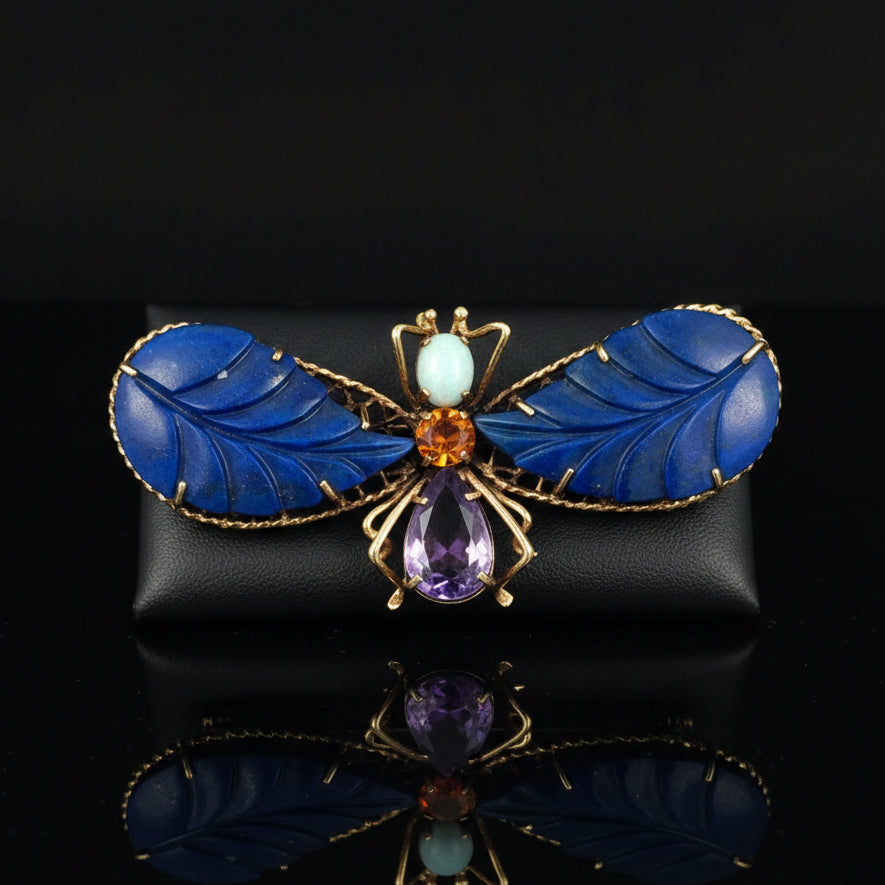 Estate jewelry — Estate Handmade Lapis, Opal, Amethyst & Citrine Butterfly Pendant/Brooch, hand-carved lapis wings