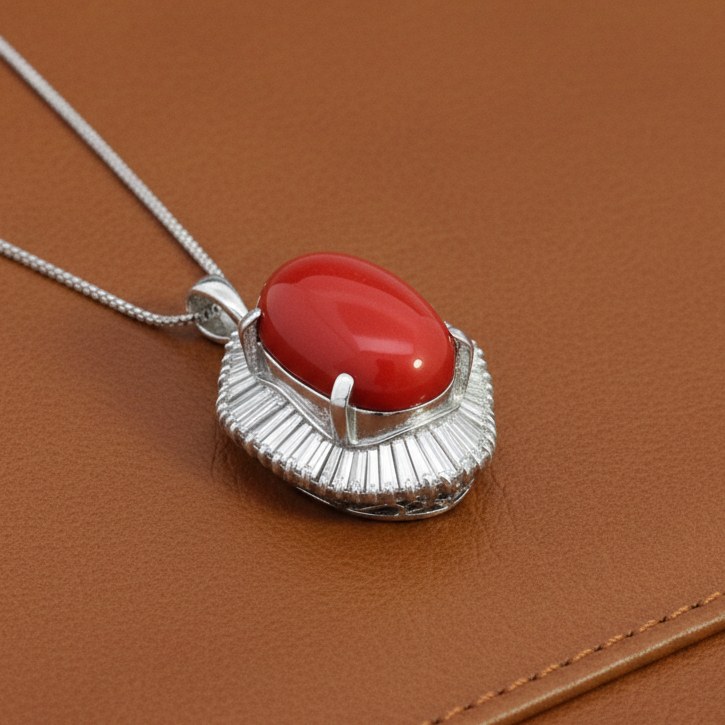Estate jewelry — Estate Large Coral Diamond Platinum Necklace, Platinum 15.10 g