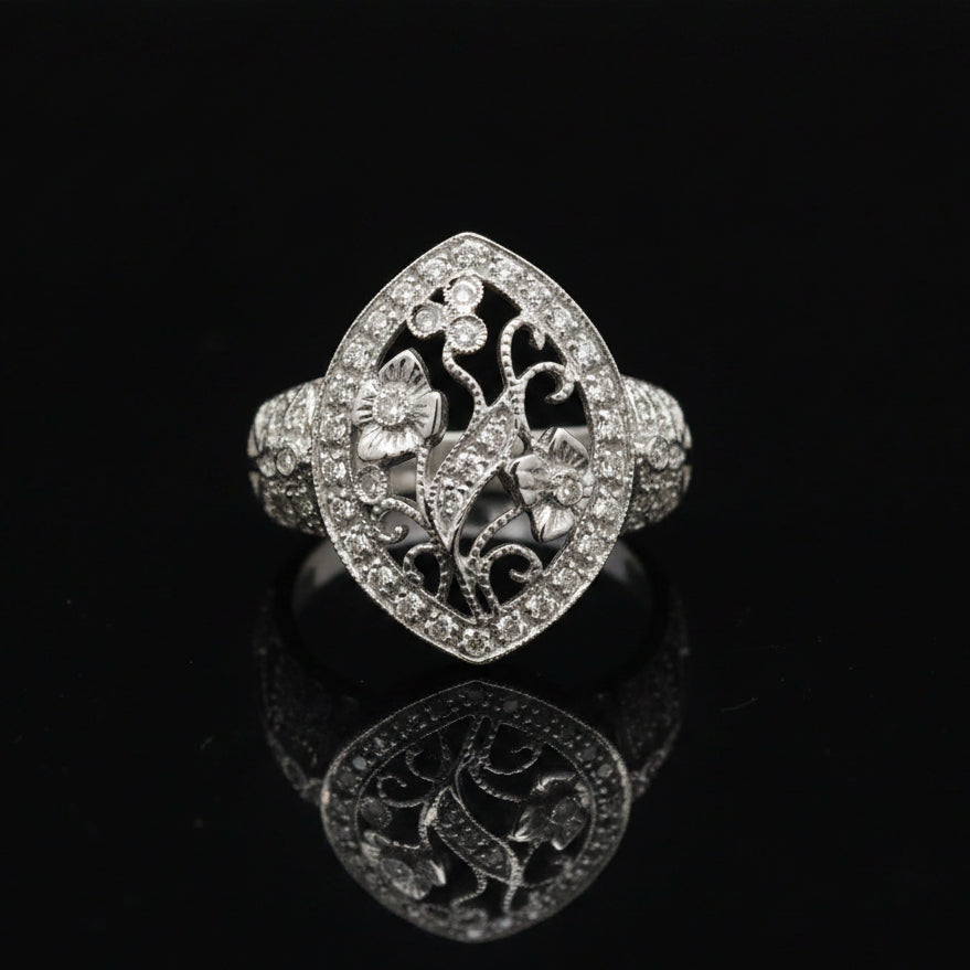 Estate jewelry — A Marquise Filigree, in White Gold, 0.25 ct round brilliant-cut diamonds, G/H color
