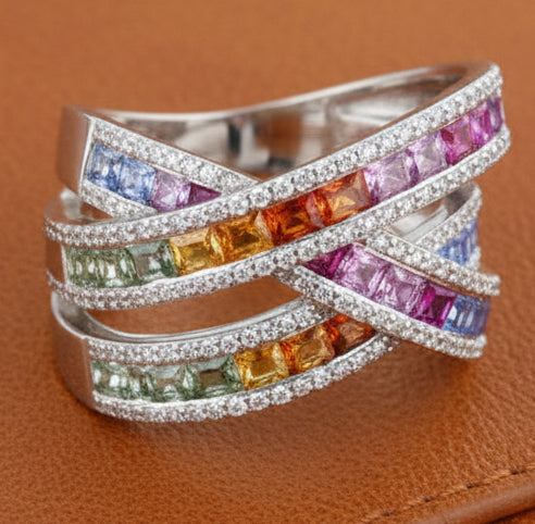 Estate jewelry — Effy Multi Color Sapphire, Diamond, and 14K White Gold Bypass Ring, 14K White Gold