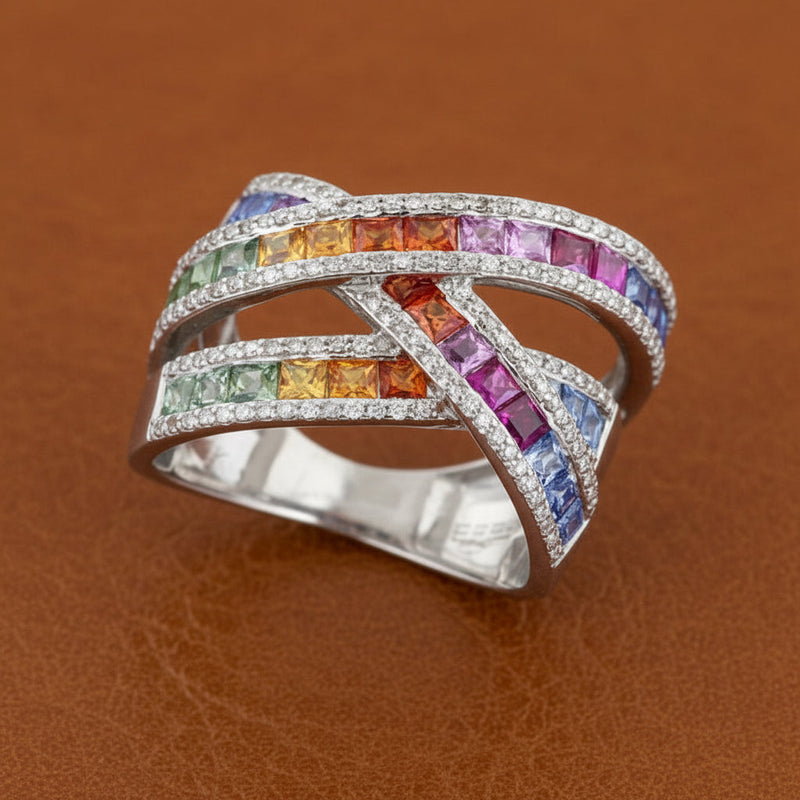 Estate jewelry — Effy Multi Color Sapphire, Diamond, and 14K White Gold Bypass Ring, 14K White Gold