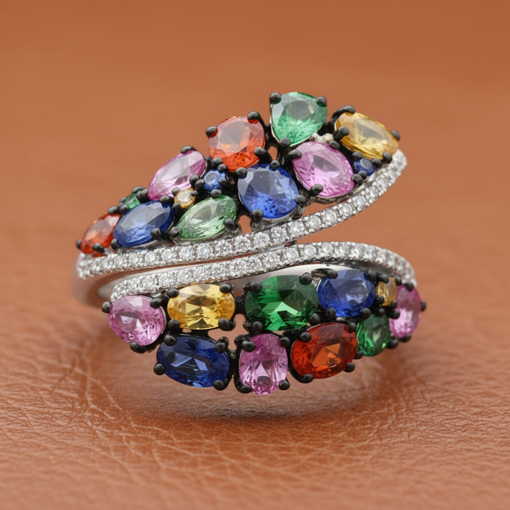Estate jewelry — Effy Multi Color Sapphire, Diamond and 14K White Gold Bypass Ring, 14K White Gold