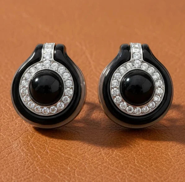 Estate jewelry — Onyx, Diamond and 18K Yellow Gold Earrings, Diamonds 3.00 ctw