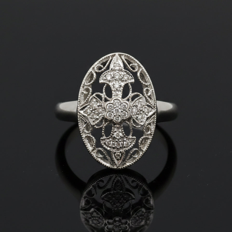 Estate jewelry — An Oval Filigree, in White Gold, 0.12 ct round brilliant-cut diamonds, G/H color