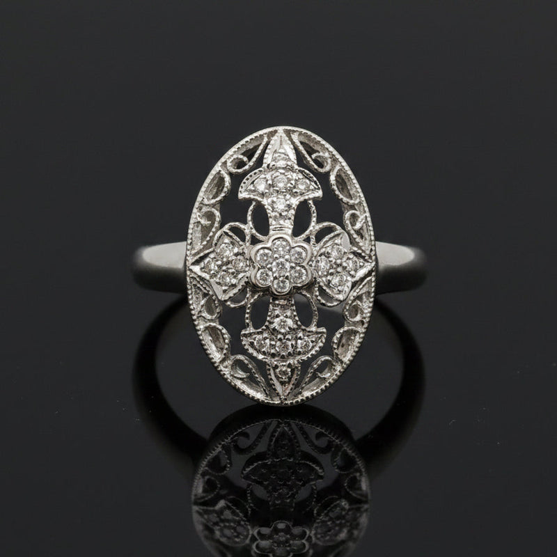 Estate jewelry — An Oval Filigree, in White Gold, 0.12 ct round brilliant-cut diamonds, G/H color