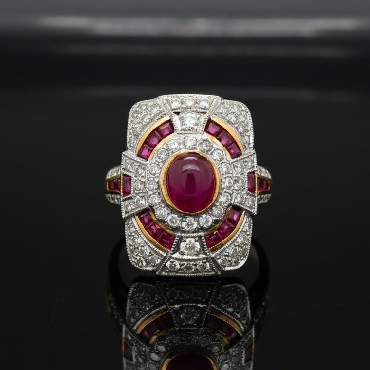 Rubies & a Brilliant Center, in Two-Tone Gold — Ruby, cabochon/French cut, 2.50 cttw, VS2-SI1 clarity