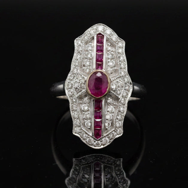 Estate jewelry — Rubies in an Elongated Scallop, in White Gold, Ruby, cabochon/French cut, 0.70 cttw, SI1-SI2 clarity