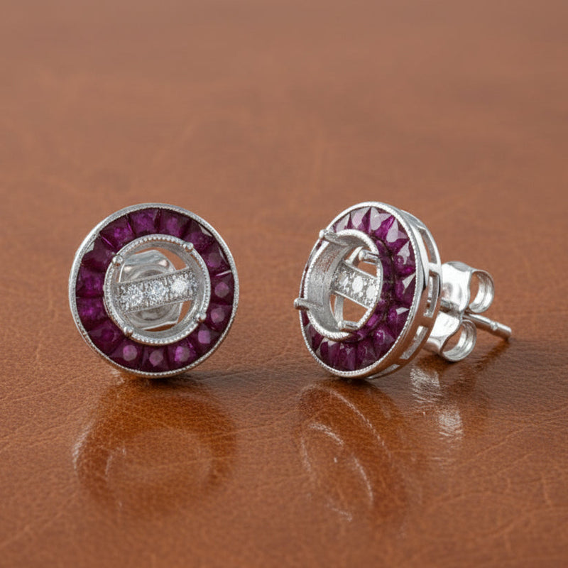 Estate jewelry — Ruby and 18K White Gold Semi Mount Earrings, 18K White Gold 2.74 g