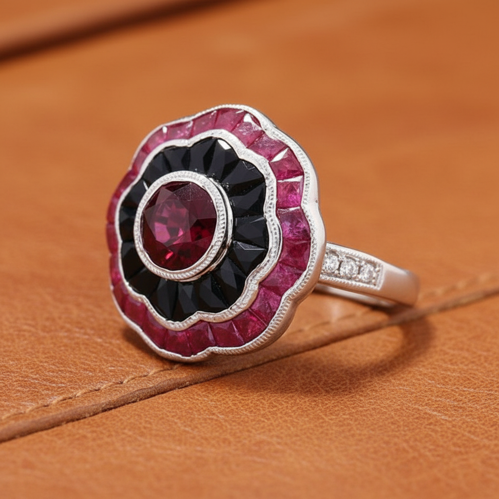 Estate jewelry — Ruby, Onyx, Diamond and 18K White Gold Ring, Diamonds 0.07 ctw