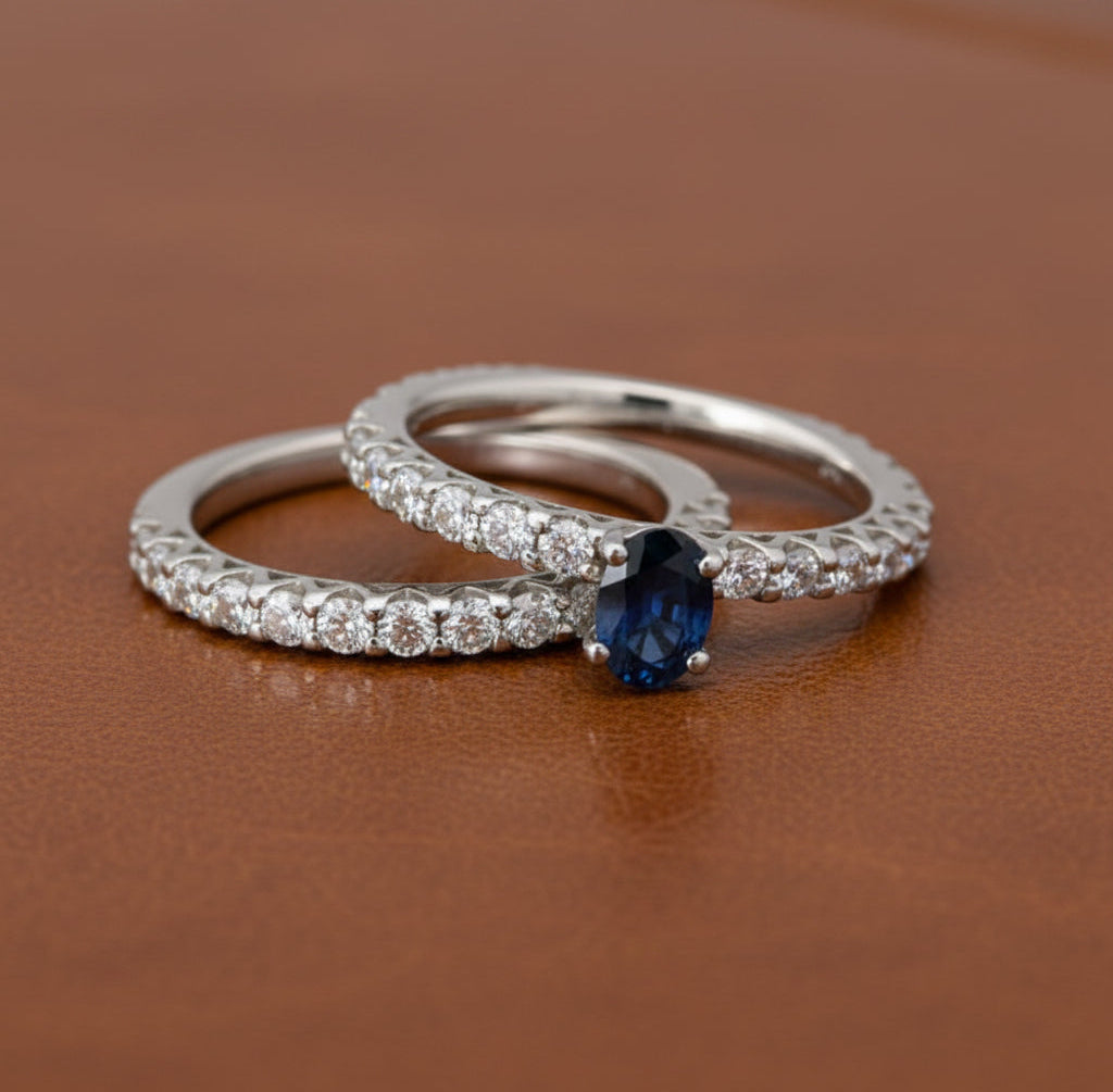 Estate jewelry — Maya Lianna Sapphire and Diamond Bridal Set Ring, Diamonds 0.90 ctw G-H color SI1-SI2