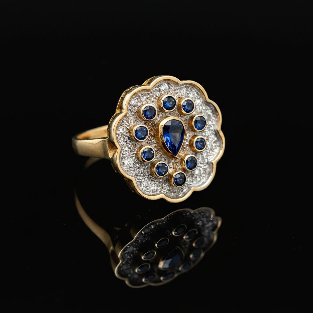 Estate jewelry — A Sapphire Halo, in Two-Tone Gold, Sapphire, pear shape, part of 0.40 cttw sapphire/diamond halo