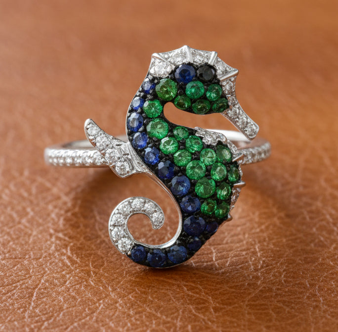 Estate jewelry — Effy Sapphire, Tsavorite, Diamond and 14K White Gold Seahorse Ring, Diamonds 0.23 ctw H color SI1