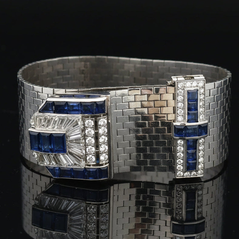 Estate jewelry — Vintage Diamond, Sapphire, Rock Crystal 14/18Kt White Gold Adjustable Bracelet/Pendant, Sapphire, French-cut, 5.50 cttw