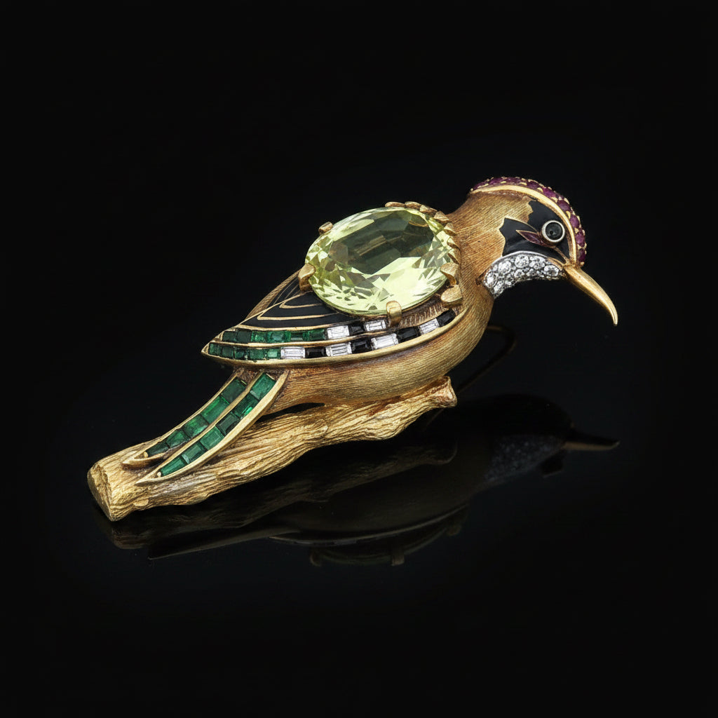 Estate jewelry — Vintage Woodpecker 1960's Diamond, Emerald, Ruby, Citrine 18Kt Yellow & White Gold Brooch, Citrine, oval, 7.00 ct