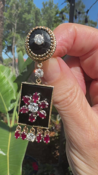 Estate Vintage Diamond Ruby and Onyx Custom Made 14K Yellow/White Gold Earring — detail view