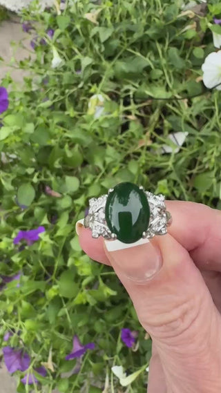 Estate Modern Jade & Diamond 14K White Gold Ring — detail view