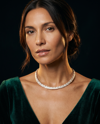 Estate milgrain 6.00ctw diamond 18kt gold necklace shown worn on model — VERANE estate jewelry